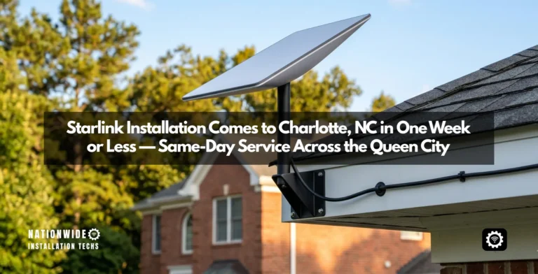 Starlink installation in Charlotte, NC — flat-panel Starlink dish on an eave bracket with weather-sealed cable along the fascia