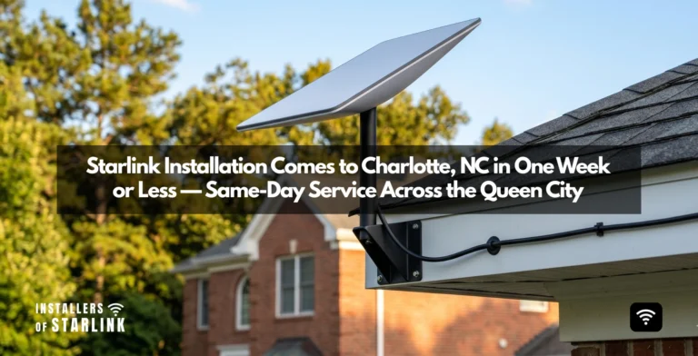 Starlink installation in Charlotte, NC — flat-panel Starlink dish on an eave bracket with weather-sealed cable along the fascia