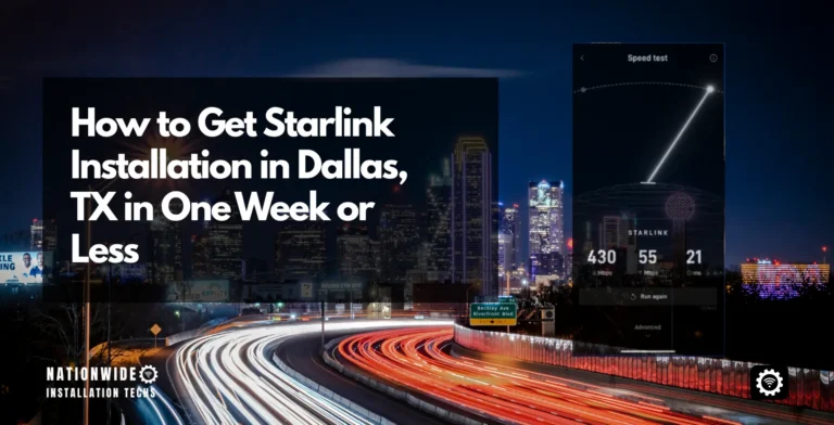 Starlink installation Dallas, TX — a dish on a rooftop with the downtown Dallas skyline behind