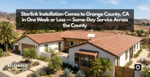 Starlink installation in Orange County, CA — flat-panel dish roof-mounted on a Spanish-tile home with the coast and canyons beyond