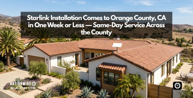 Starlink installation in Orange County, CA — flat-panel dish roof-mounted on a Spanish-tile home with the coast and canyons beyond