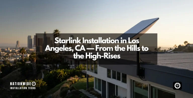 Starlink installation Los Angeles, CA — a dish on a hillside LA home overlooking the skyline