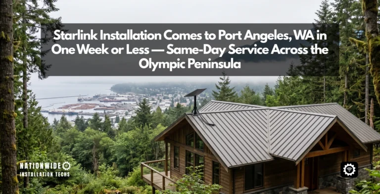 Starlink installation in Port Angeles, WA — flat-panel Starlink dish roof-mounted to clear the tall evergreens with the Strait of Juan de Fuca beyond