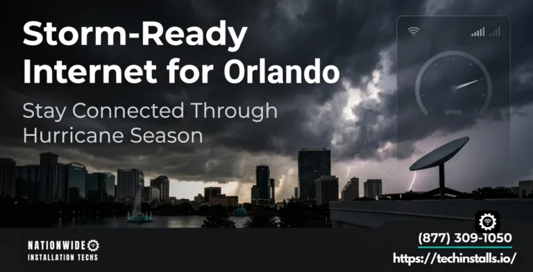 Storm-ready internet in Orlando — a Starlink dish on a rooftop under a stormy Central Florida sky