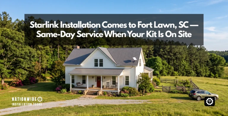 Same-day Starlink installation in Fort Lawn, SC — flat-panel dish roof-mounted on a rural South Carolina home