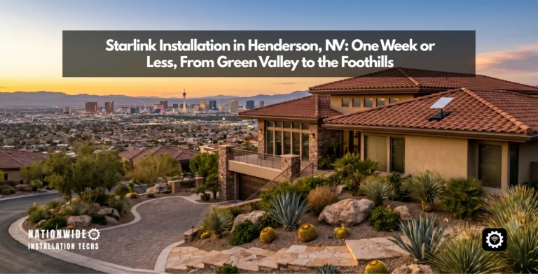 Starlink installation in Henderson, NV — a dish on a tile roof with the Black Mountain foothills behind