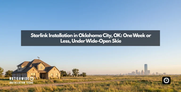 Starlink installation in Oklahoma City, OK — a dish on an open-sky OKC rooftop with the downtown skyline beyond