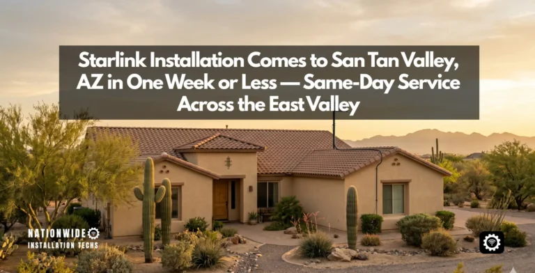 Starlink installation in San Tan Valley, AZ — close-up of a flat-panel dish on a roof pole with a clear line of sight over the desert