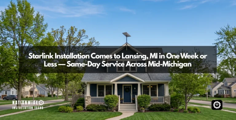 Starlink installation in Lansing, MI — flat-panel Starlink dish pole-mounted on a mid-Michigan home with a clear line of sight to the sky