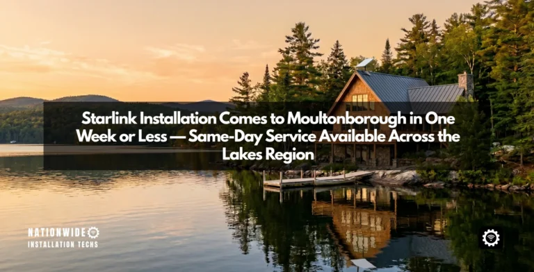 Starlink installation in Moultonborough, NH — a dish on a lakefront home above Lake Winnipesaukee with forested hills beyond