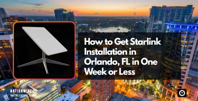 Starlink installation Orlando, FL — Orlando skyline at night with a Starlink speed test