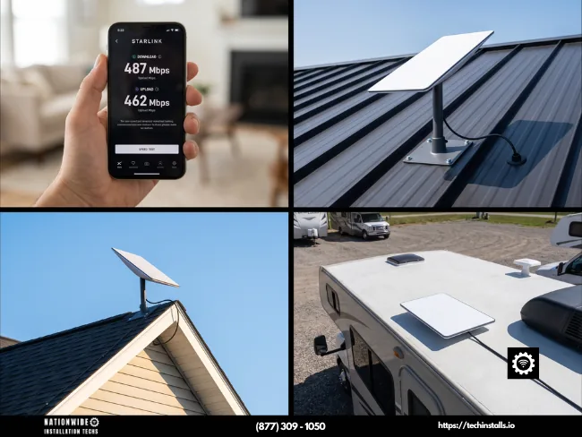 Starlink installation done right nationwide — verified 487 Mbps speed test plus commercial, residential and RV installs by insured technicians.
