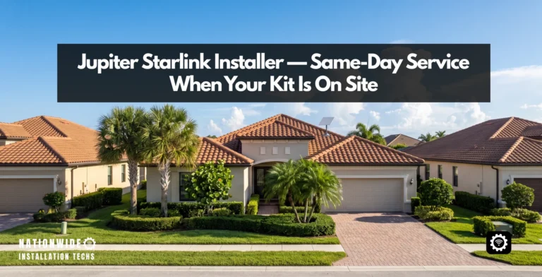 Jupiter Starlink installer — flat-panel dish roof-mounted on a home in northern Palm Beach County