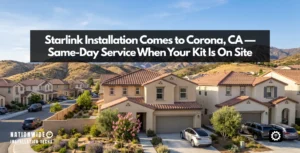 Starlink installation in Corona, CA — roof-mounted flat-panel dish on a suburban home