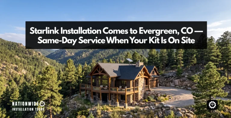 Starlink installation in Evergreen, CO — flat-panel dish on a Colorado foothills mountain home