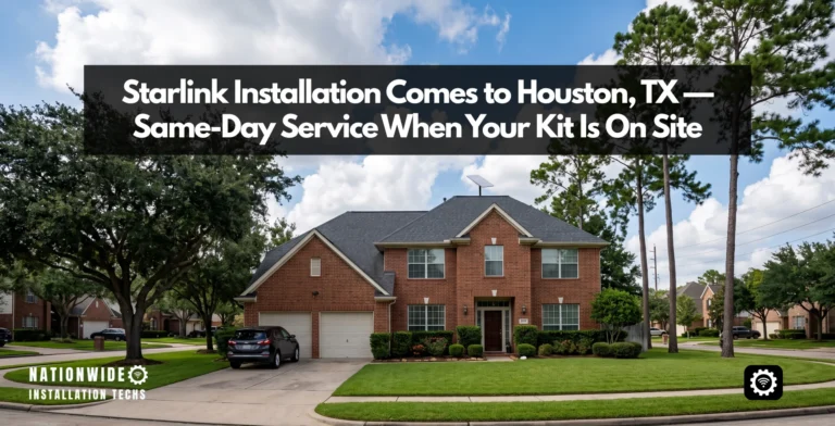 Starlink installation on a Houston, Texas home — flat-panel dish mounted on the roof of a red brick house
