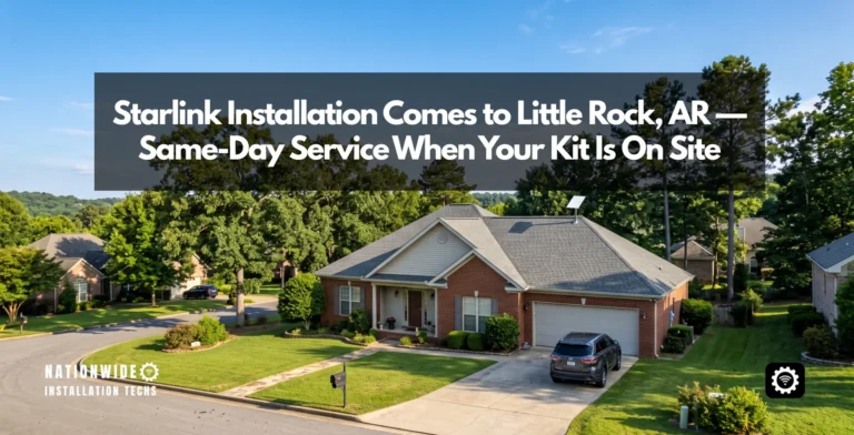 Starlink installation in Little Rock, AR — flat-panel dish roof-mounted on a central Arkansas home