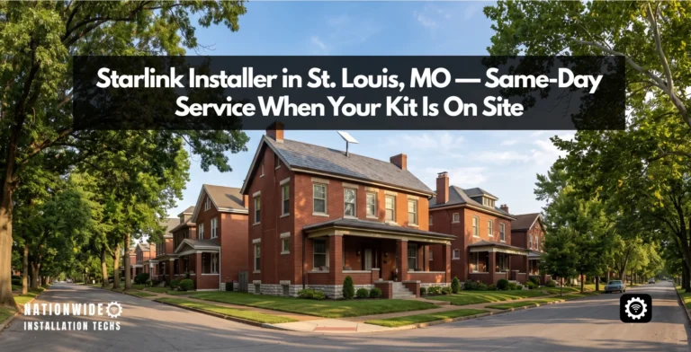 Starlink installer in St. Louis, MO — flat-panel dish roof-mounted on a red brick home