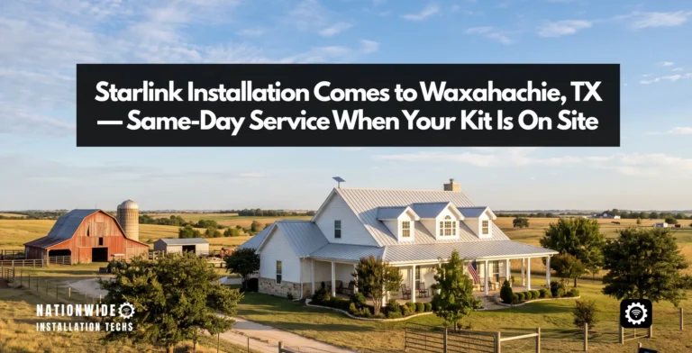 Starlink installation in Waxahachie, TX — flat-panel dish on a North Texas farmhouse