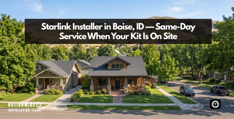 Starlink installer in Boise, ID — flat-panel dish roof-mounted on a home below the Boise Foothills