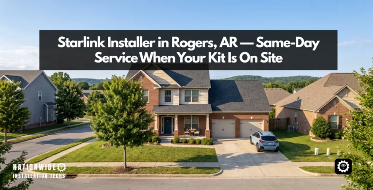 Starlink installer in Rogers, AR — flat-panel dish roof-mounted on a home in the Ozark foothills