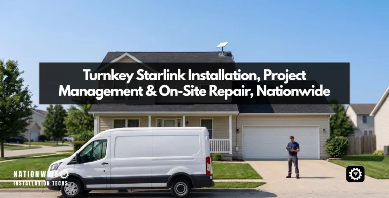 Technician checking the connection after a completed Starlink installation on a suburban home