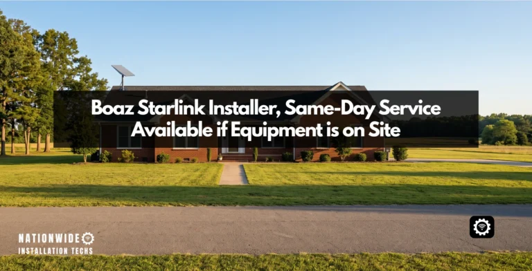 A Boaz Starlink installer's completed roof mount on a brick ranch home above open Alabama farmland
