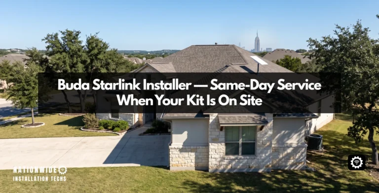 Buda Starlink installer, flat-panel dish mounted on a plumb sealed roof pole