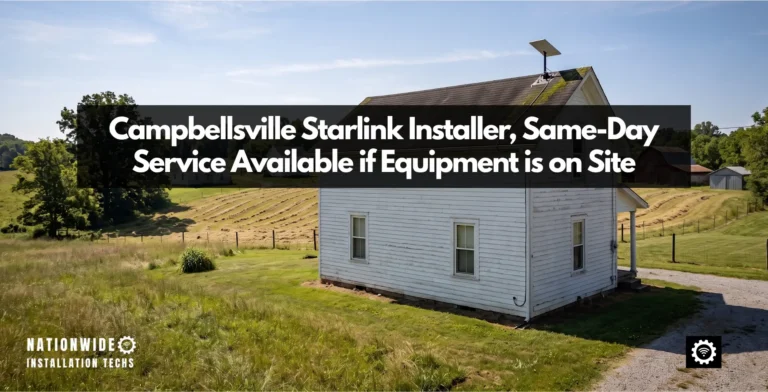 Campbellsville Starlink installer work on a Taylor County farmhouse, dish low on a sealed pivot mount above hay fields