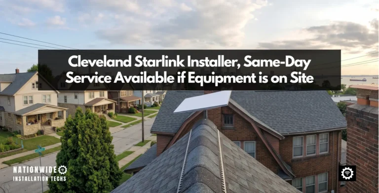 Cleveland Starlink installer on a west side ridge, dish on a plumb mast above the shingle roof with Lake Erie beyond