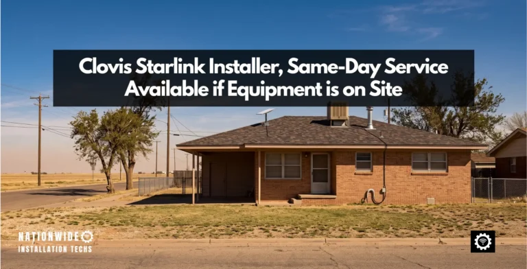 Clovis Starlink installer at a brick home with a shingle roof and swamp cooler, flat Llano Estacado horizon at the end of the block