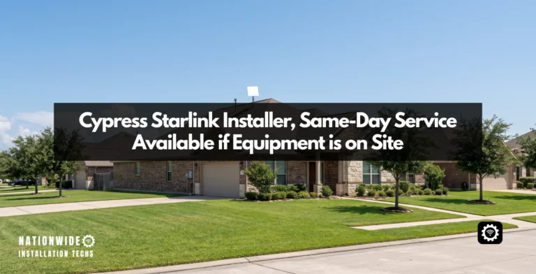 Cypress Starlink installer, flat-panel dish mounted on a plumb sealed roof pole