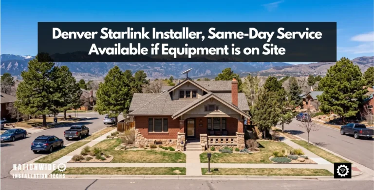 Denver Starlink installer work on a buff brick bungalow, Starlink dish on a pivot mount at the ridge of a Class 4 shingle roof with the Front Range on the western horizon