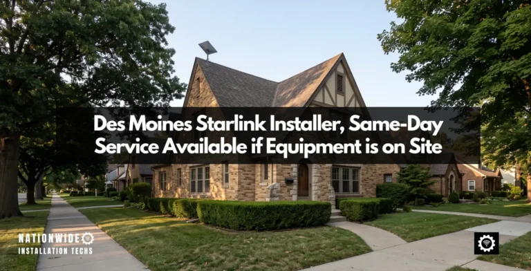 Des Moines Starlink installer at a pre-war Beaverdale home, dish clear of the maples on a sealed roof mount