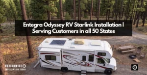 Entegra Odyssey RV Starlink installation, dish mounted on the roof of a Class C motorhome at a campsite