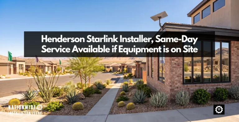 Henderson Starlink installer on a desert street of tile roofs, dish on a mast clear above the eave and the mountains beyond