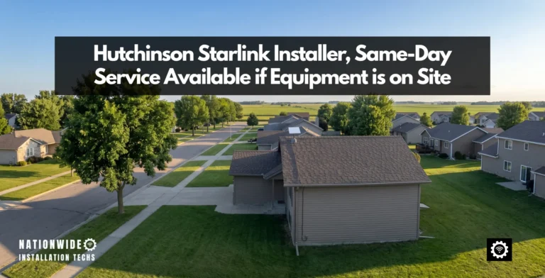 Hutchinson Starlink installer, panel above the shingle ridge of a McLeod County home under summer boulevard trees
