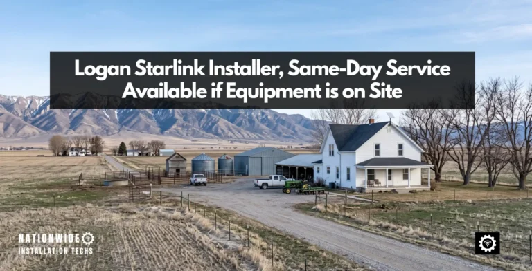 Logan Starlink installer, wall mount above the ridge of a Clarkston farmhouse on the Cache Valley bench
