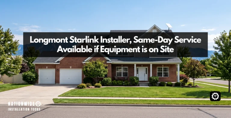 Longmont Starlink installer, flat-panel dish mounted on a plumb sealed roof pole
