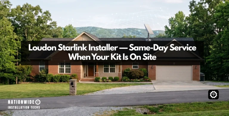 Loudon Starlink installer, flat-panel dish mounted on a plumb sealed roof pole
