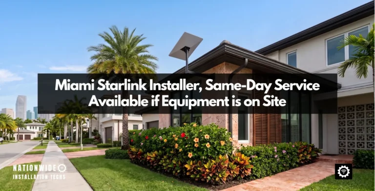 Miami Starlink installer under-eave mount on a Miami home, dish clear above the roofline