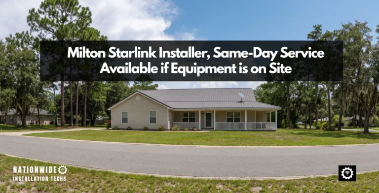 Milton Starlink installer, flat-panel dish mounted on a plumb sealed roof pole