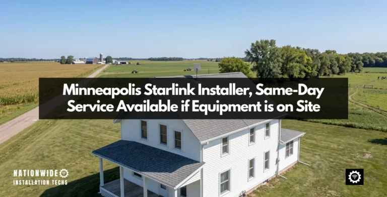 Minneapolis Starlink installer, dish on the ridge of a farmhouse roof on open farm ground west of the city