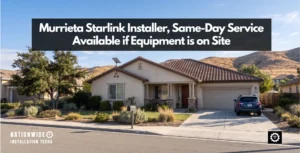 Murrieta Starlink installer, dish on a sealed roof mast above a clay tile roof with the dry Riverside County hills behind