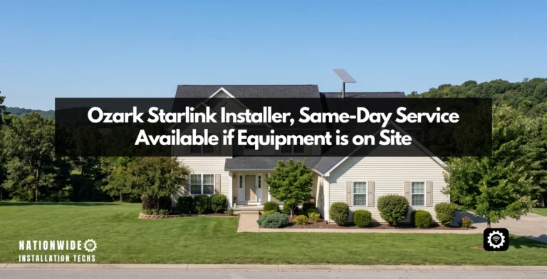 An Ozark Starlink installer's completed roof mount on a two-story home below low green Missouri hills