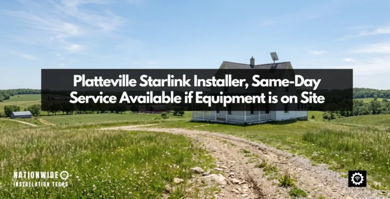 Platteville Starlink installer, dish set high on a Driftless ridge farmstead above the coulee