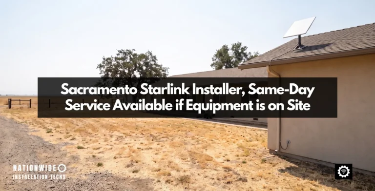 Sacramento Starlink installer, pivot mount below the ridge of a Wilton ranch roof above dry gold grass