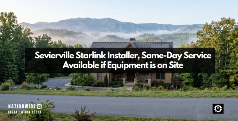 Sevierville Starlink installer: dish on a sealed roof pole at a board-and-batten home below the Smoky Mountain foothills