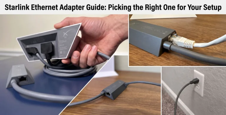 Starlink Ethernet adapter beside a Gen 2 router, showing the router's proprietary ports and the adapter's RJ45 jack