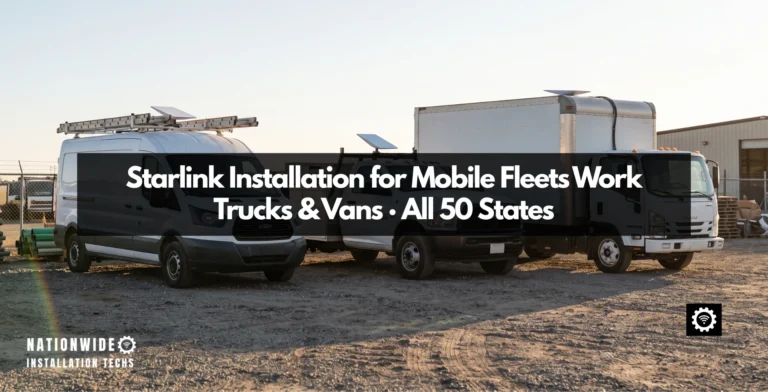 Starlink installation for fleets, dishes mounted on a work van, service body pickup and box truck
